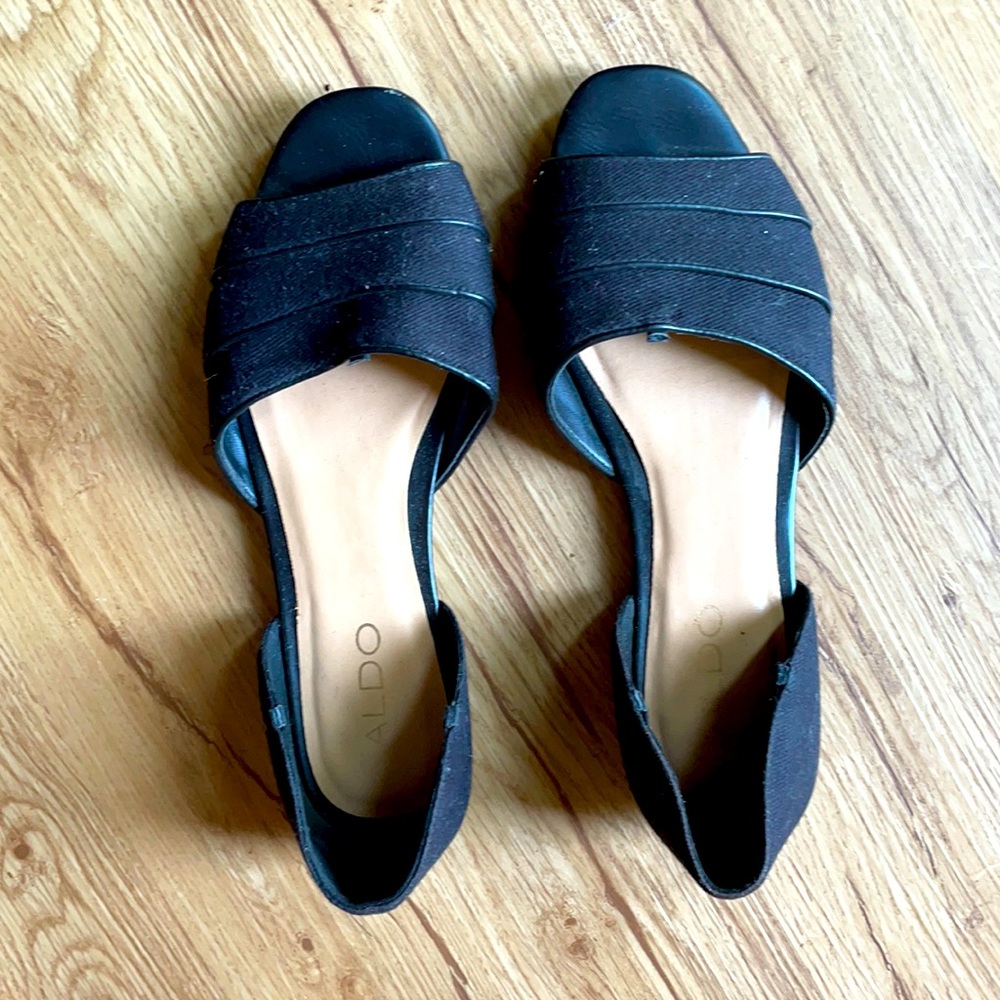Aldo | open toe black flats size 7